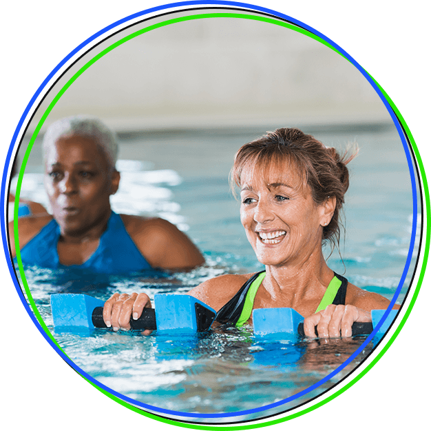 Multiracial mature women in water aerobics class