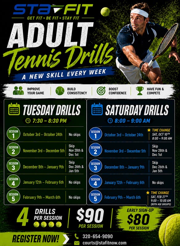 Adult tennis drills banner.